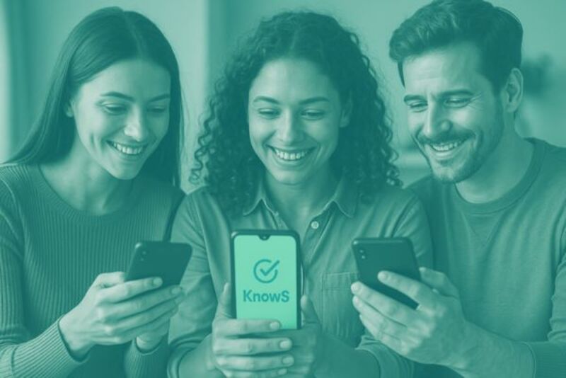 KnowS App - Hilfe finden und Aufträge vergeben in der Schweiz Drei Personen sehen auf ihre Smartphones und nutzen die KnowS App, um lokale Hilfe oder Aufträge zu finden